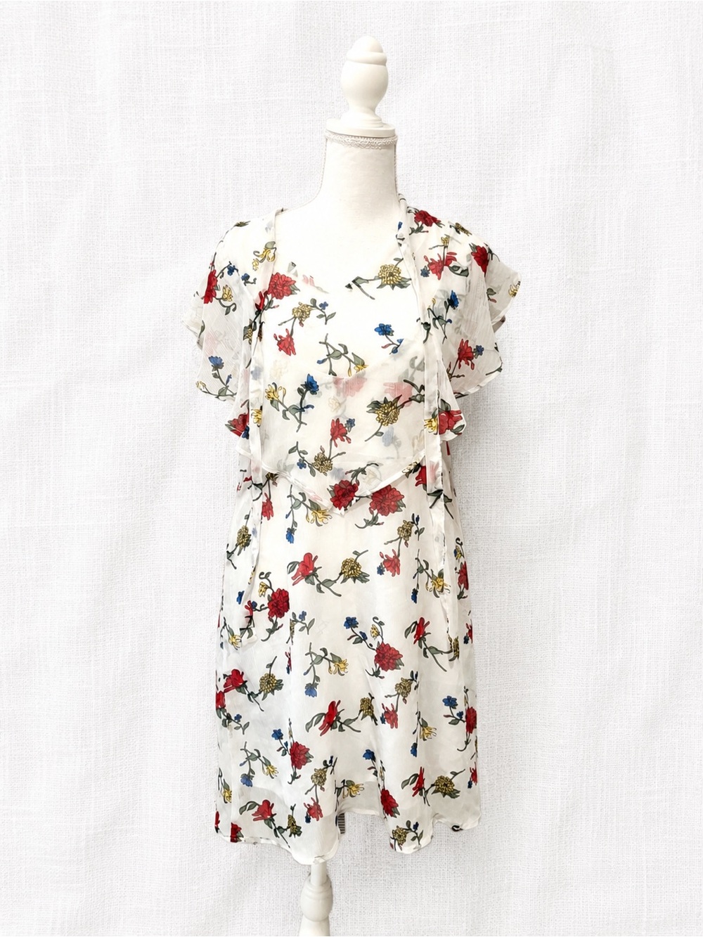Floral Ruffle Midi Dress in White with Red & Blue Blooms